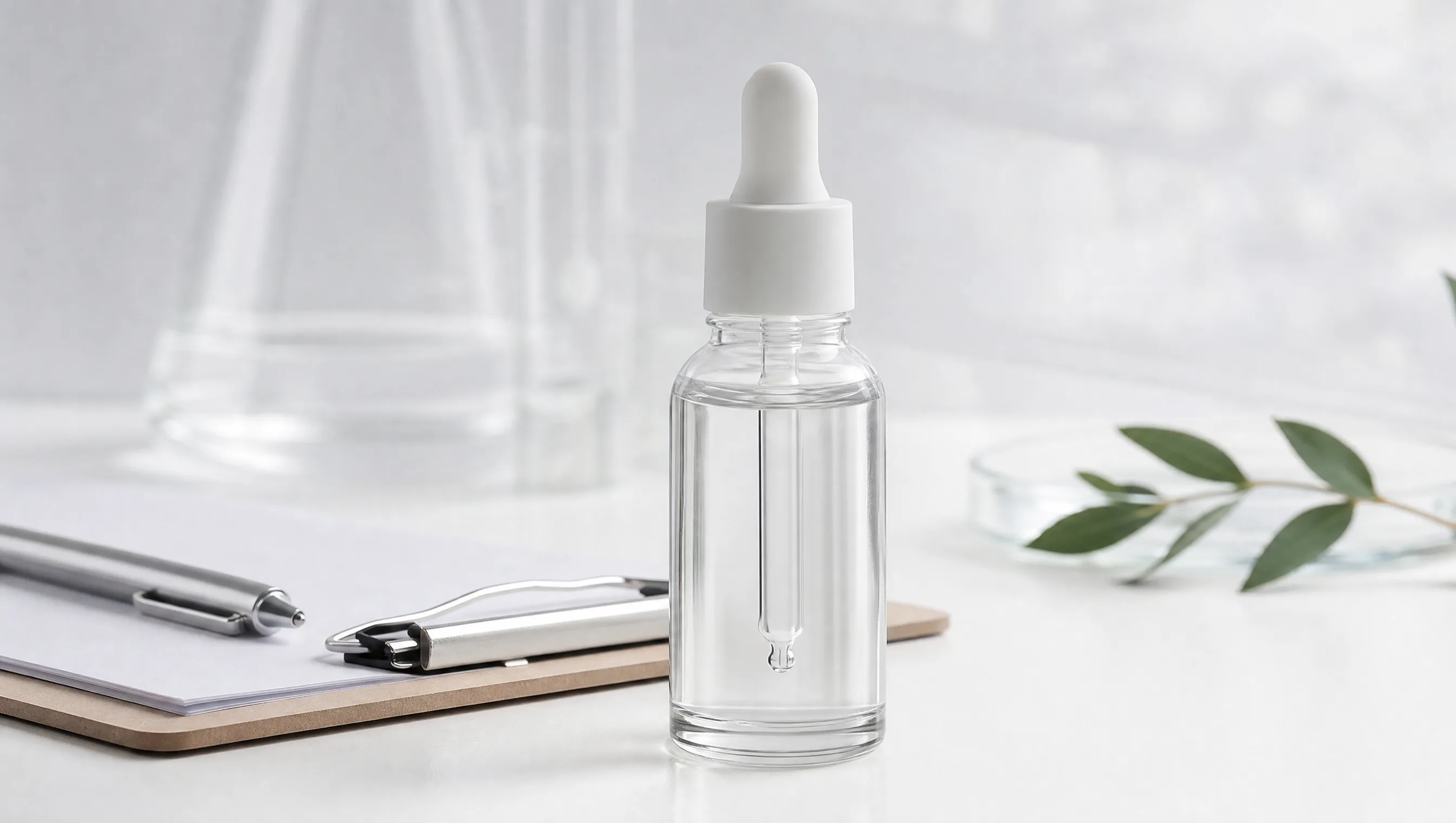 Glass serum bottle beside a clipboard on a clinical white surface, representing clinical testing claims