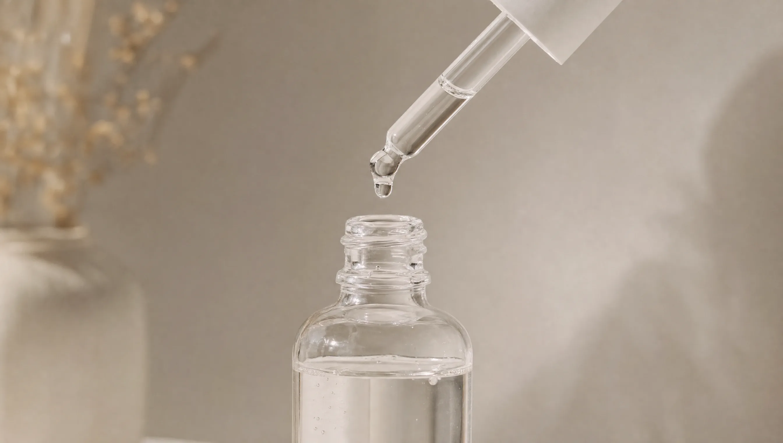 Clear glass dropper bottle releasing a drop of peptide serum