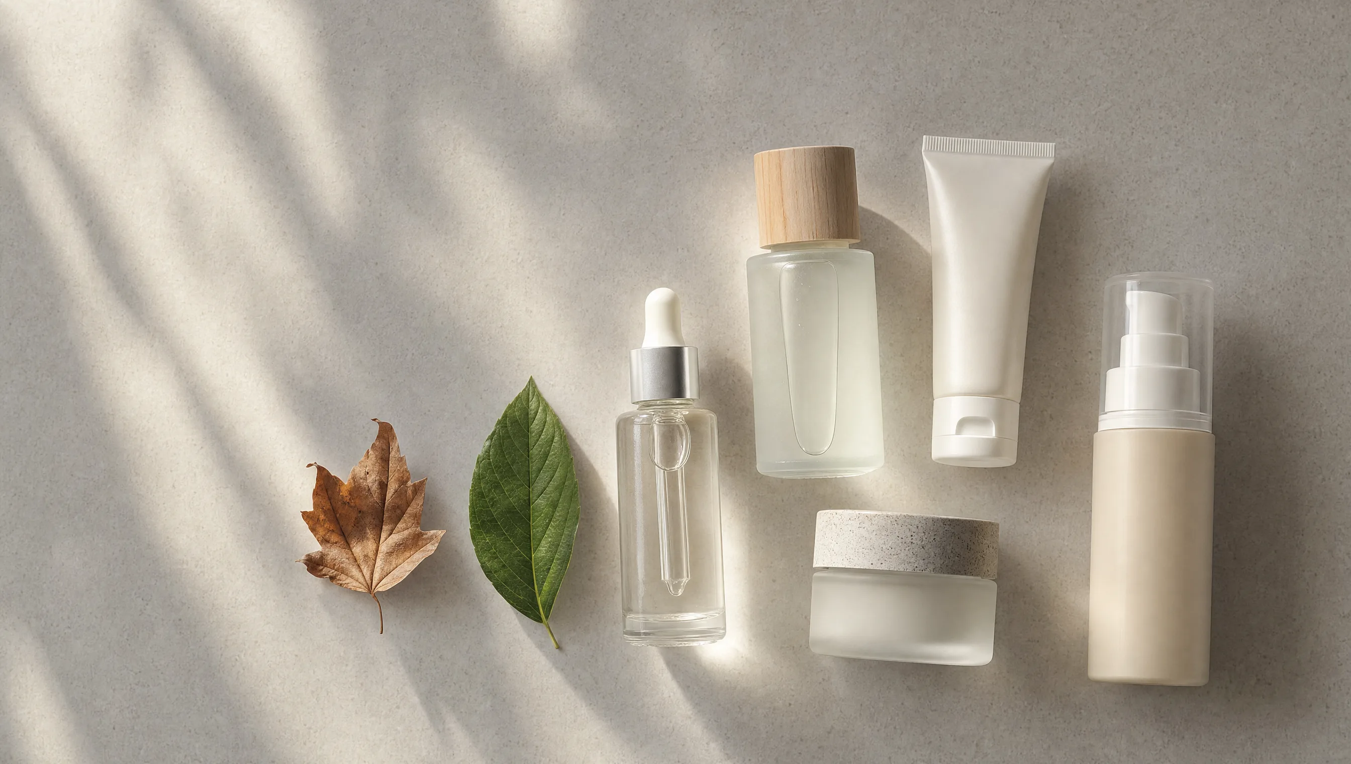 Skincare bottles beside a dried autumn leaf and a fresh green leaf, representing seasonal routine changes