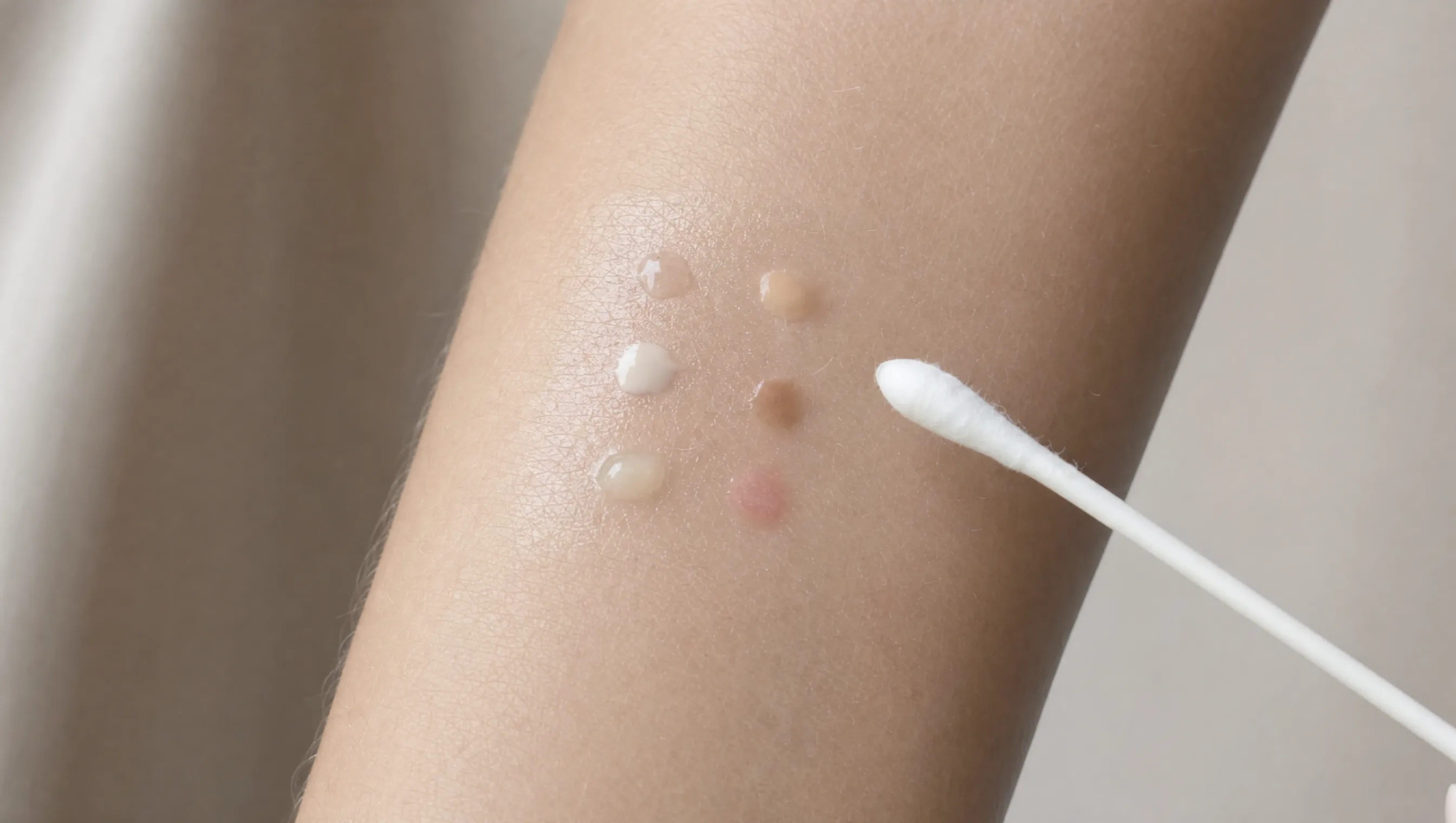 A small patch test area on inner forearm skin with a cotton swab nearby