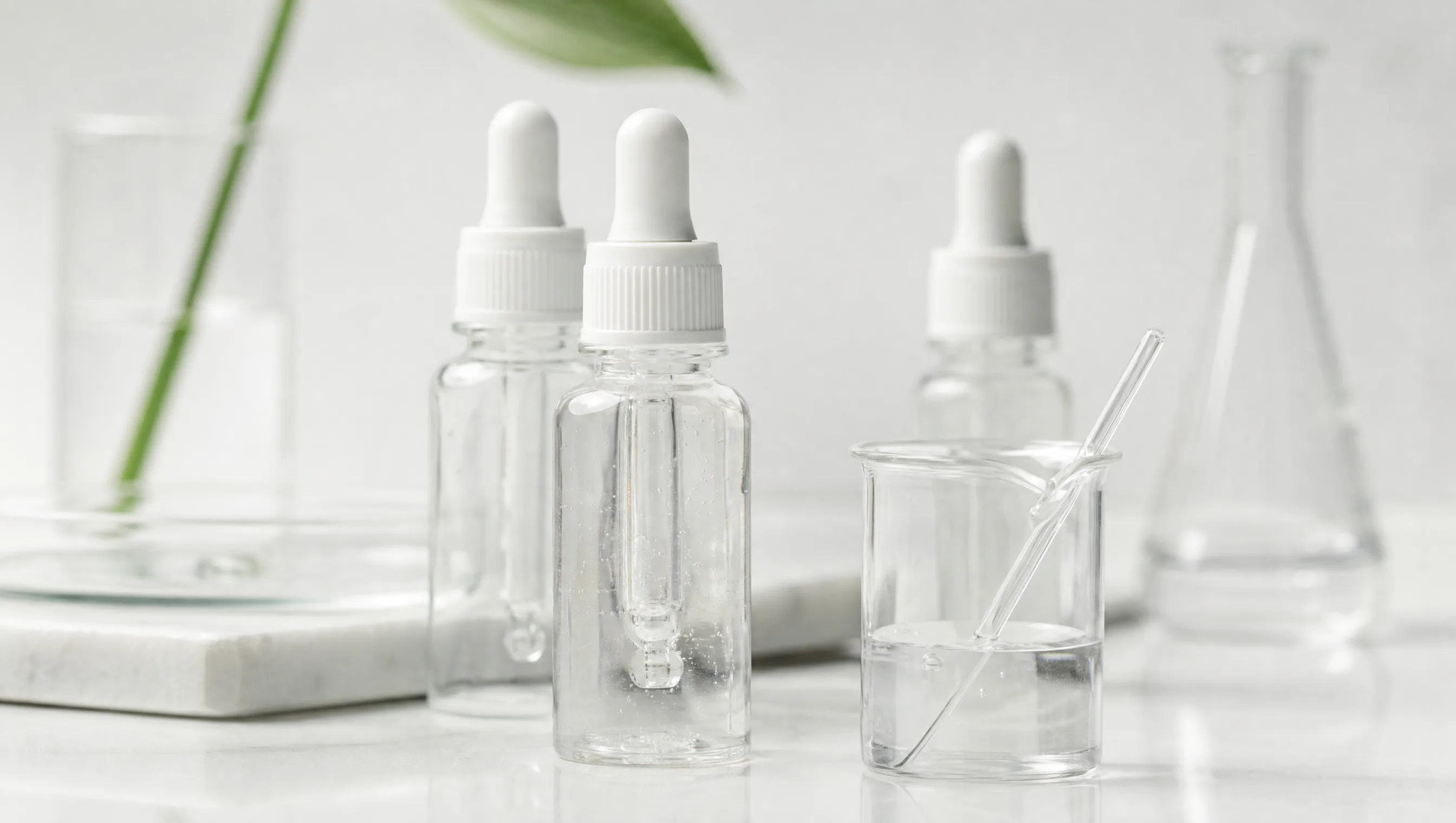 Glass serum bottles and a small beaker on a laboratory-style bench